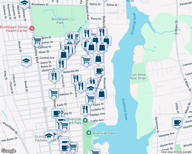 map of restaurants, bars, coffee shops, grocery stores, and more near 27 Desautels Street in New Bedford