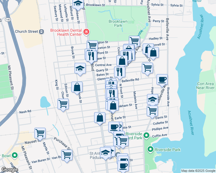 map of restaurants, bars, coffee shops, grocery stores, and more near 158 Belleville Road in New Bedford