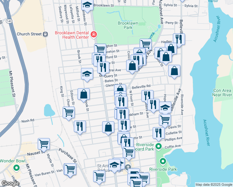 map of restaurants, bars, coffee shops, grocery stores, and more near 158 Belleville Road in New Bedford