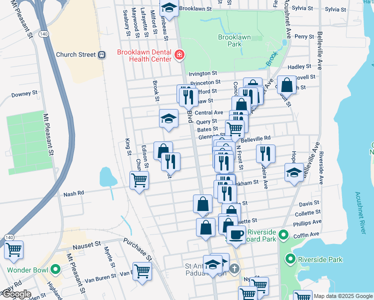 map of restaurants, bars, coffee shops, grocery stores, and more near 223 Belleville Road in New Bedford
