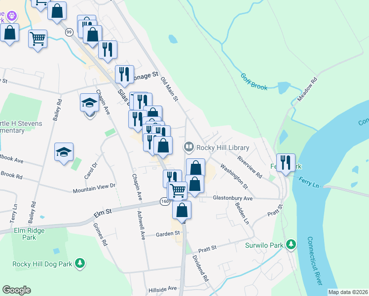 map of restaurants, bars, coffee shops, grocery stores, and more near 11 Church Street in Rocky Hill