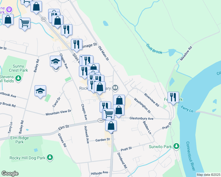 map of restaurants, bars, coffee shops, grocery stores, and more near 11 Church Street in Rocky Hill