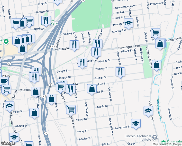 map of restaurants, bars, coffee shops, grocery stores, and more near 155 Dwight Street in New Britain