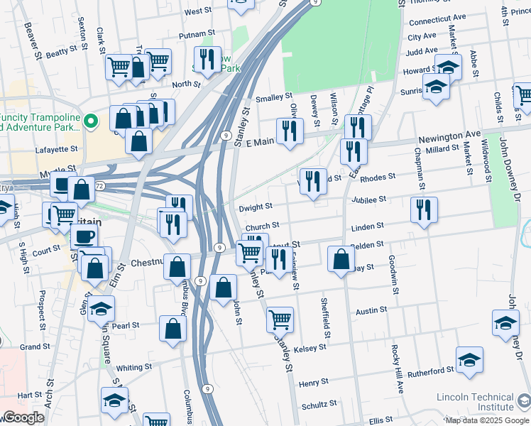 map of restaurants, bars, coffee shops, grocery stores, and more near 73 Dwight Street in New Britain