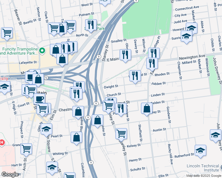 map of restaurants, bars, coffee shops, grocery stores, and more near 34 Dwight Street in New Britain