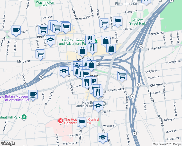 map of restaurants, bars, coffee shops, grocery stores, and more near in New Britain