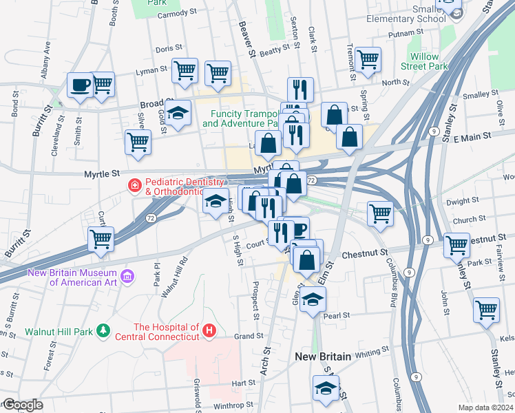 map of restaurants, bars, coffee shops, grocery stores, and more near 25 Washington Street in New Britain