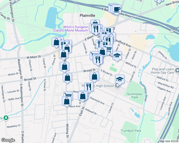 map of restaurants, bars, coffee shops, grocery stores, and more near 11 Broad Street in Plainville