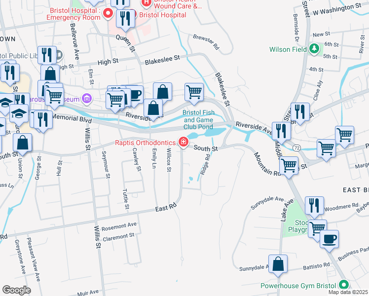 map of restaurants, bars, coffee shops, grocery stores, and more near 456 South Street in Bristol