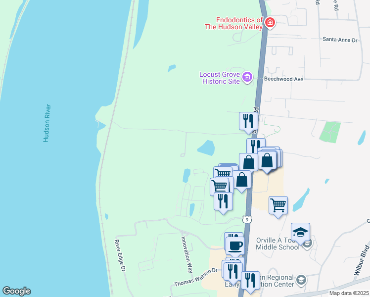 map of restaurants, bars, coffee shops, grocery stores, and more near 2633 South Road in Poughkeepsie