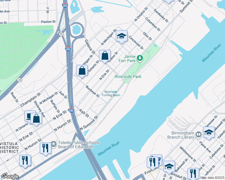 map of restaurants, bars, coffee shops, grocery stores, and more near 1944 North Superior Street in Toledo