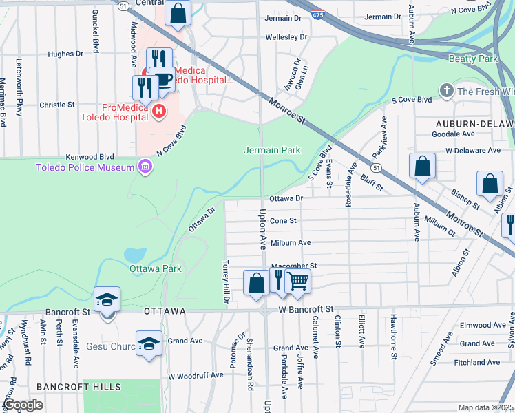 map of restaurants, bars, coffee shops, grocery stores, and more near 1907 Ottawa Drive in Toledo
