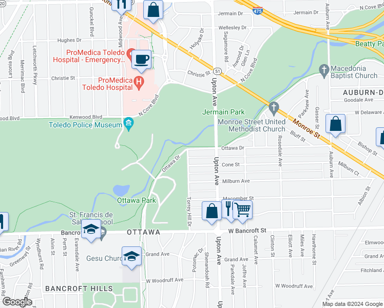 map of restaurants, bars, coffee shops, grocery stores, and more near 1945 Ottawa Drive in Toledo