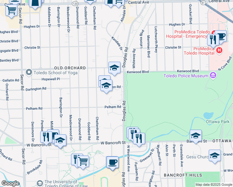 map of restaurants, bars, coffee shops, grocery stores, and more near 2735 Darlington Road in Toledo