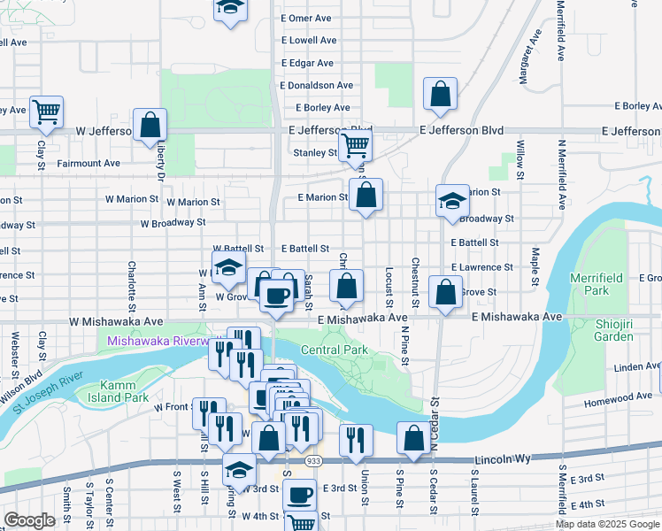 map of restaurants, bars, coffee shops, grocery stores, and more near 817 Christyann Street in Mishawaka