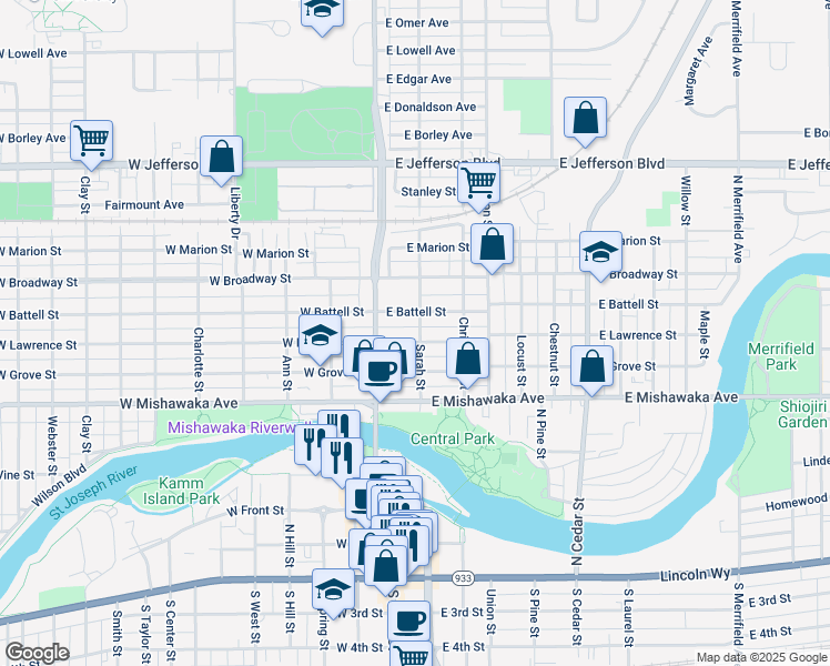 map of restaurants, bars, coffee shops, grocery stores, and more near 814 Sarah Street in Mishawaka