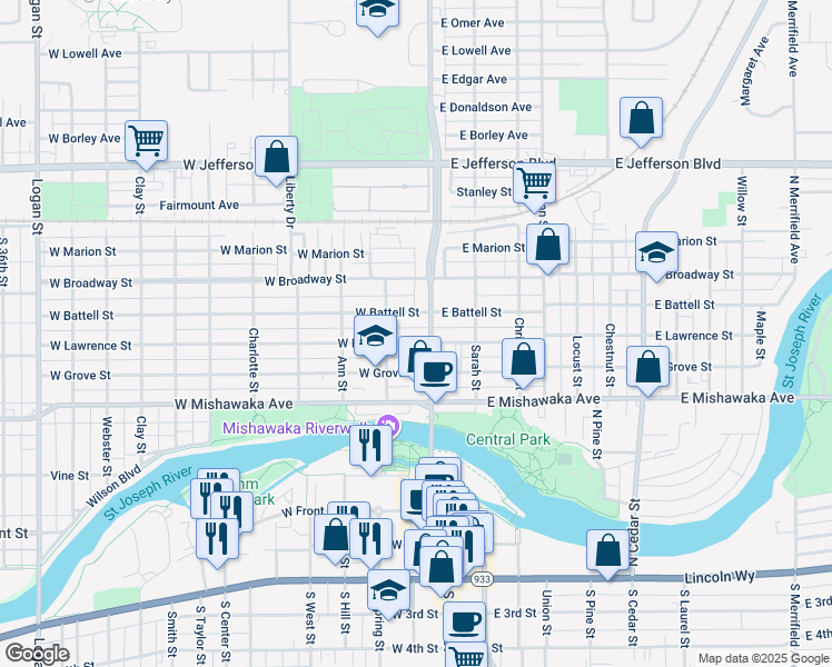 map of restaurants, bars, coffee shops, grocery stores, and more near 123 West Battell Street in Mishawaka