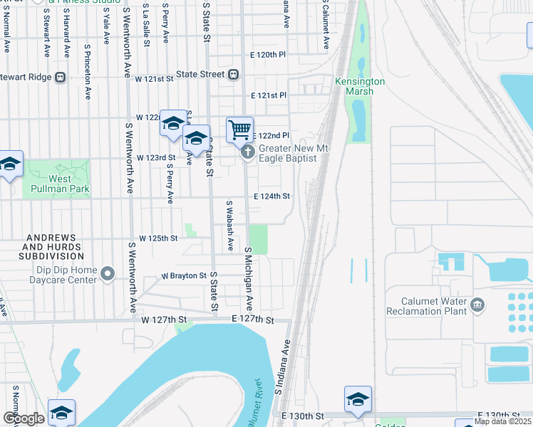 map of restaurants, bars, coffee shops, grocery stores, and more near 12411 South Michigan Avenue in Chicago