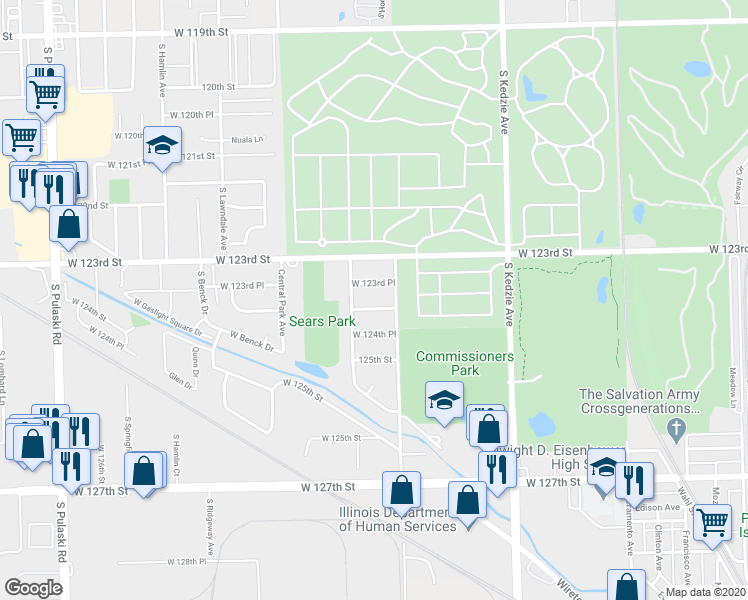 map of restaurants, bars, coffee shops, grocery stores, and more near 3433 West 123rd Place in Alsip