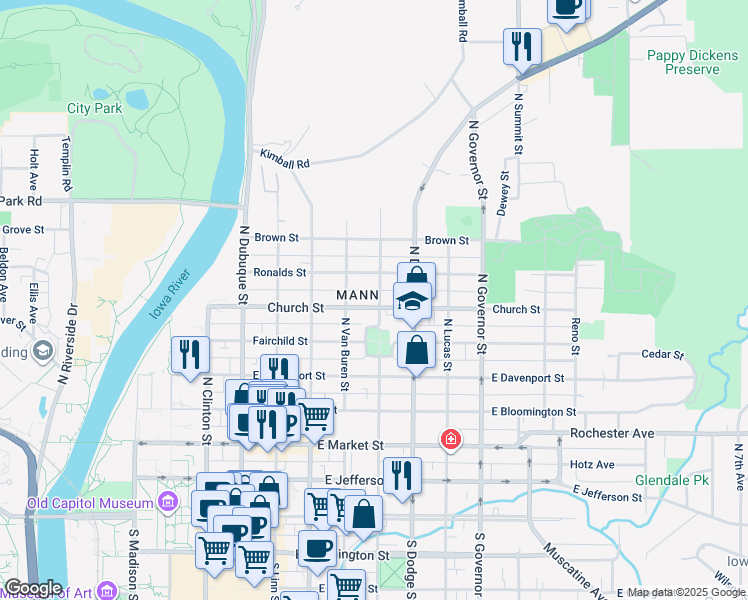map of restaurants, bars, coffee shops, grocery stores, and more near 614 North Johnson Street in Iowa City