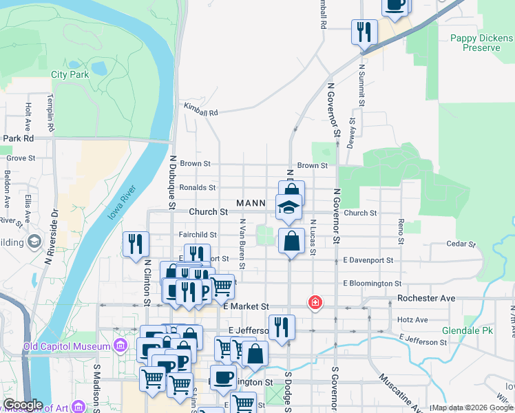 map of restaurants, bars, coffee shops, grocery stores, and more near 614 North Johnson Street in Iowa City