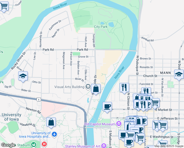 map of restaurants, bars, coffee shops, grocery stores, and more near 330 Ridgeland Avenue in Iowa City