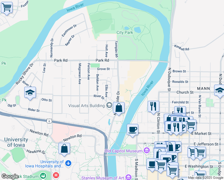 map of restaurants, bars, coffee shops, grocery stores, and more near 330 Ridgeland Avenue in Iowa City