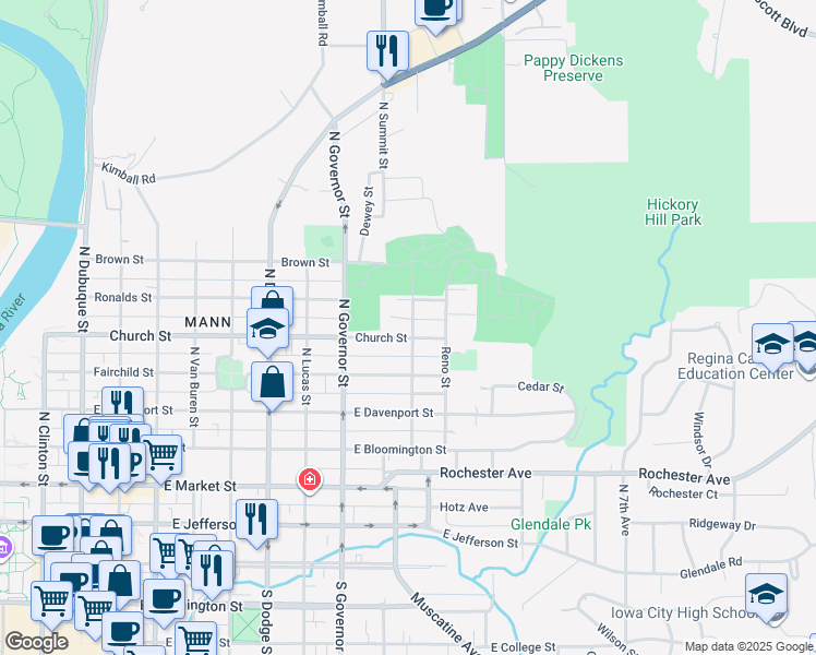 map of restaurants, bars, coffee shops, grocery stores, and more near 605 North Center Street in Iowa City