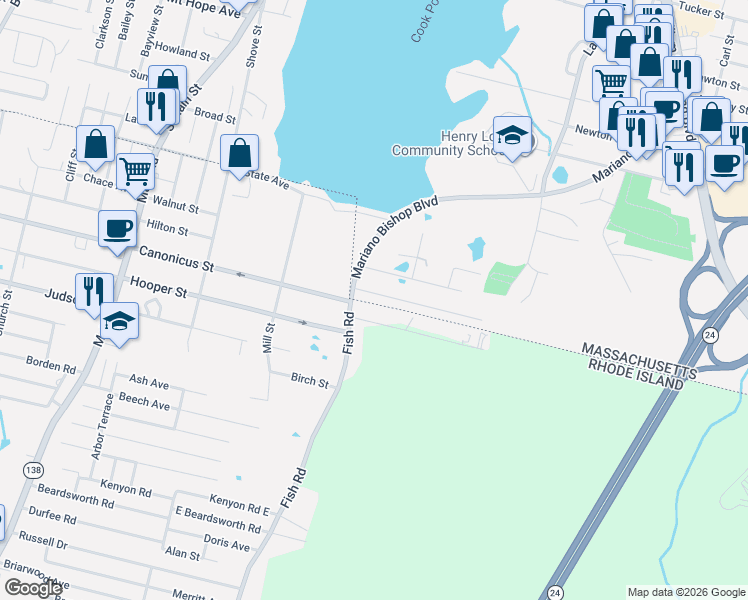 map of restaurants, bars, coffee shops, grocery stores, and more near 1144 Mariano Bishop Boulevard in Fall River