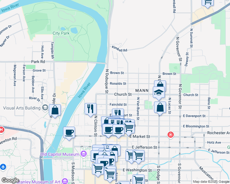 map of restaurants, bars, coffee shops, grocery stores, and more near 228 Church Street in Iowa City