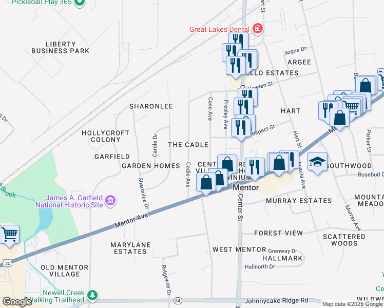 map of restaurants, bars, coffee shops, grocery stores, and more near 7443 Cadle Avenue in Mentor