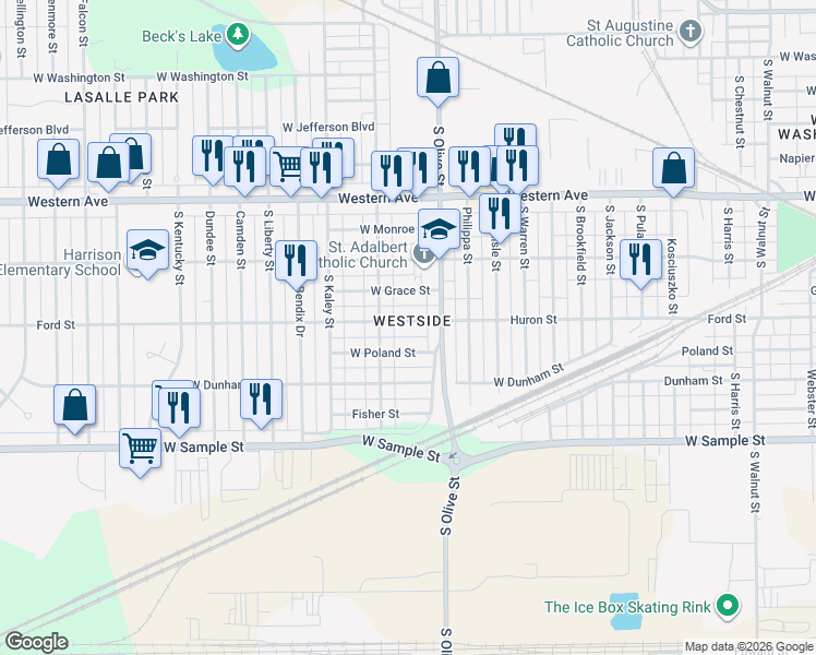 map of restaurants, bars, coffee shops, grocery stores, and more near 2501 Ford Street in South Bend