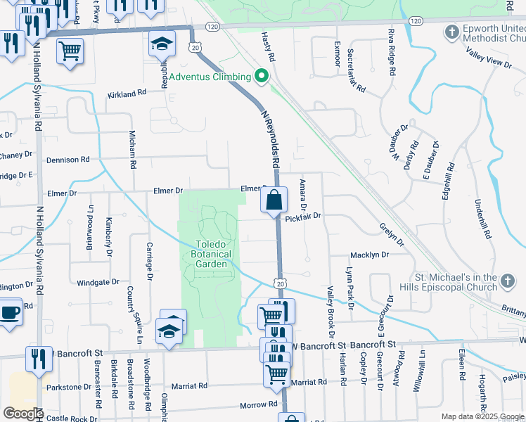 map of restaurants, bars, coffee shops, grocery stores, and more near 2519 North Reynolds Road in Toledo