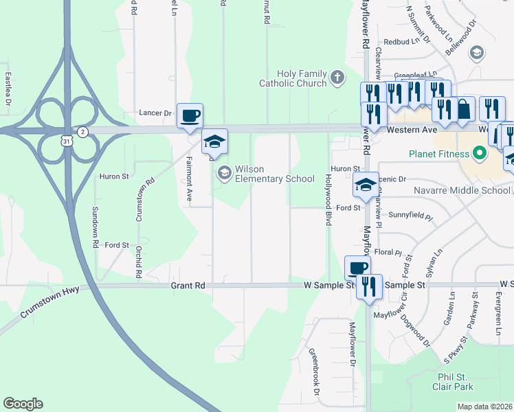 map of restaurants, bars, coffee shops, grocery stores, and more near 56601-56999 Butternut Road in South Bend