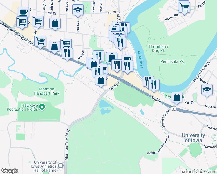 map of restaurants, bars, coffee shops, grocery stores, and more near 110 1st Avenue in Coralville