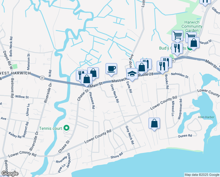 map of restaurants, bars, coffee shops, grocery stores, and more near 189 Massachusetts 28 in Harwich