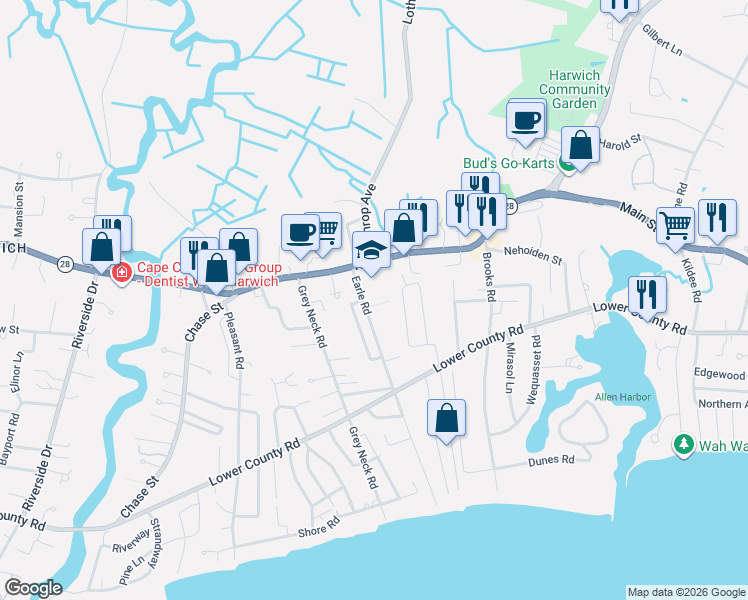 map of restaurants, bars, coffee shops, grocery stores, and more near 95 Earle Road in Harwich