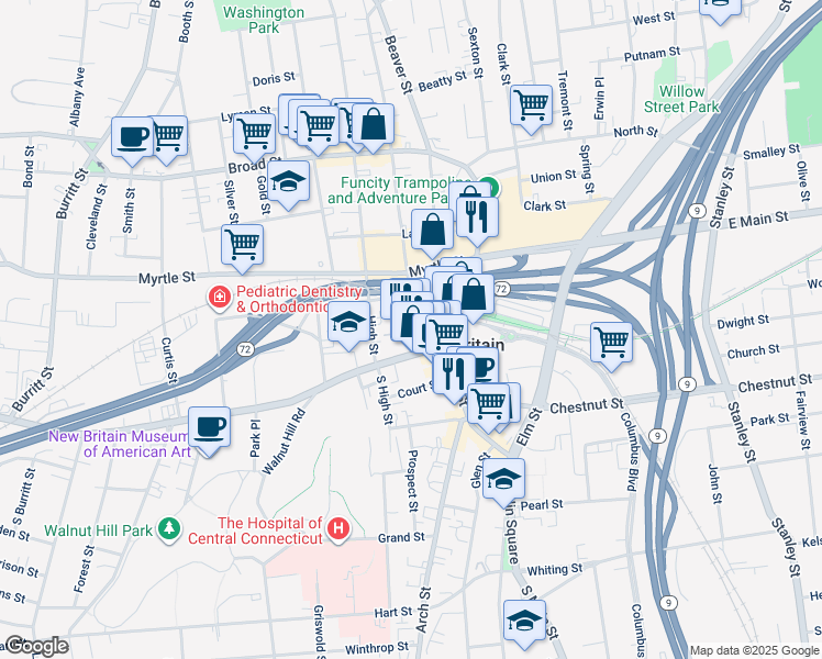 map of restaurants, bars, coffee shops, grocery stores, and more near 27 Columbus Boulevard in New Britain