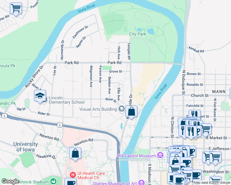 map of restaurants, bars, coffee shops, grocery stores, and more near 315 Ellis Avenue in Iowa City