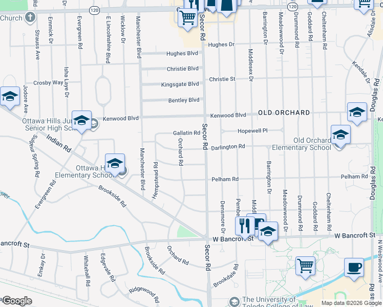 map of restaurants, bars, coffee shops, grocery stores, and more near 3329 Darlington Rd in Toledo