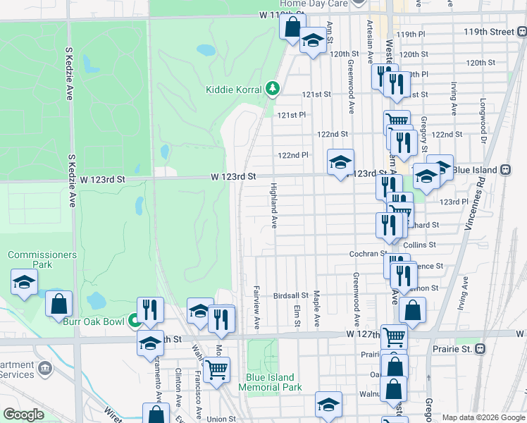 map of restaurants, bars, coffee shops, grocery stores, and more near 2712 Orchard Street in Blue Island
