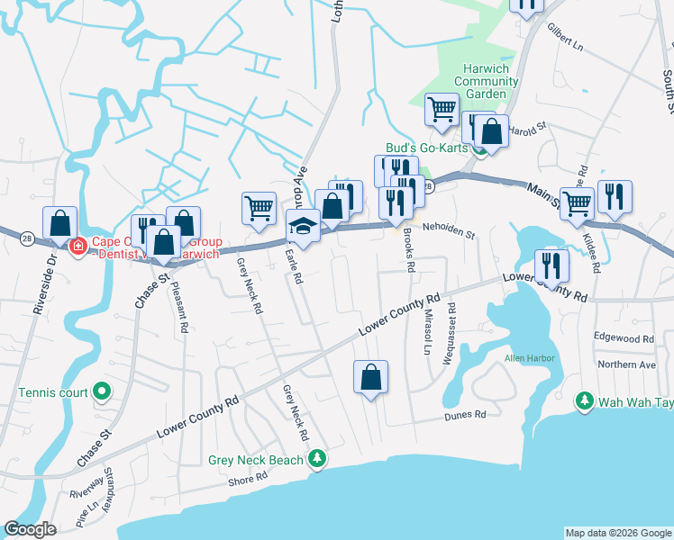 map of restaurants, bars, coffee shops, grocery stores, and more near 63 Archibald Circle in Harwich