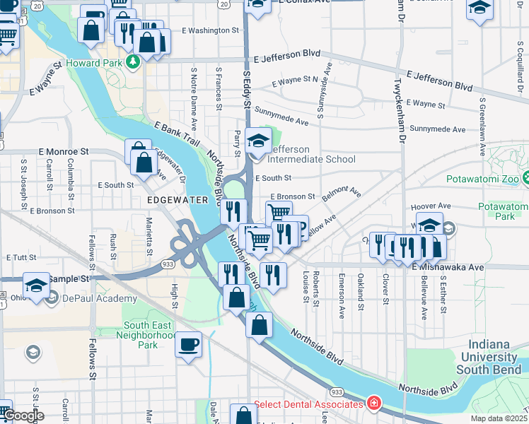 map of restaurants, bars, coffee shops, grocery stores, and more near 1121 Belmont Avenue in South Bend
