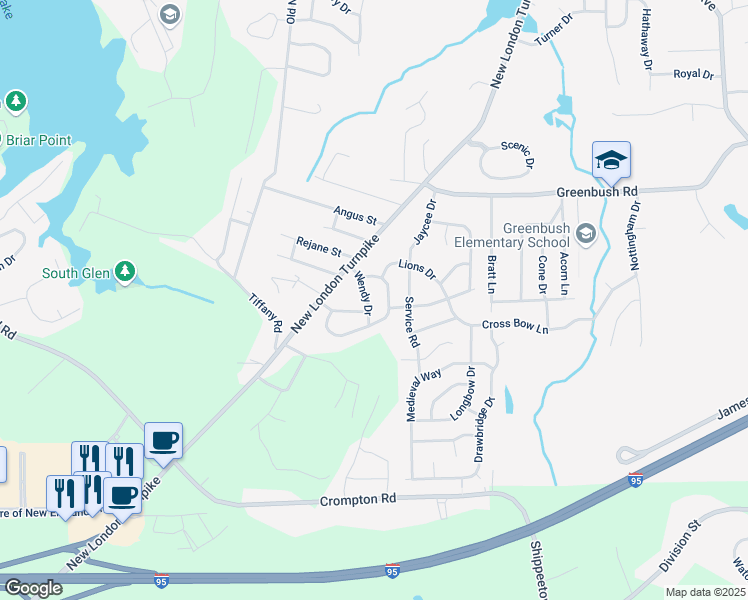map of restaurants, bars, coffee shops, grocery stores, and more near 6 Wendy Drive in Coventry