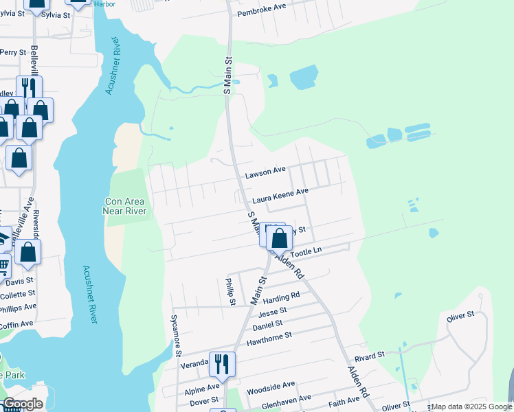 map of restaurants, bars, coffee shops, grocery stores, and more near 38 South Main Street in Acushnet