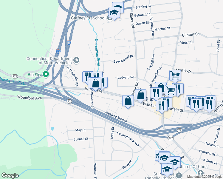 map of restaurants, bars, coffee shops, grocery stores, and more near 923 West Main Street in New Britain