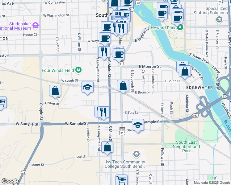 map of restaurants, bars, coffee shops, grocery stores, and more near 151 West Bronson Street in South Bend