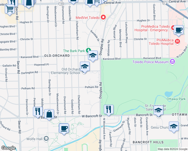 map of restaurants, bars, coffee shops, grocery stores, and more near 2735 Darlington Road in Toledo
