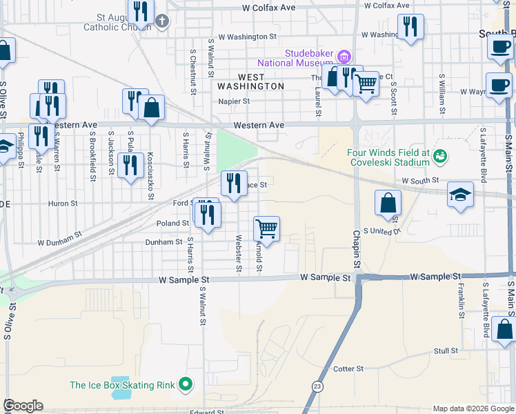 map of restaurants, bars, coffee shops, grocery stores, and more near 711 South Arnold Street in South Bend