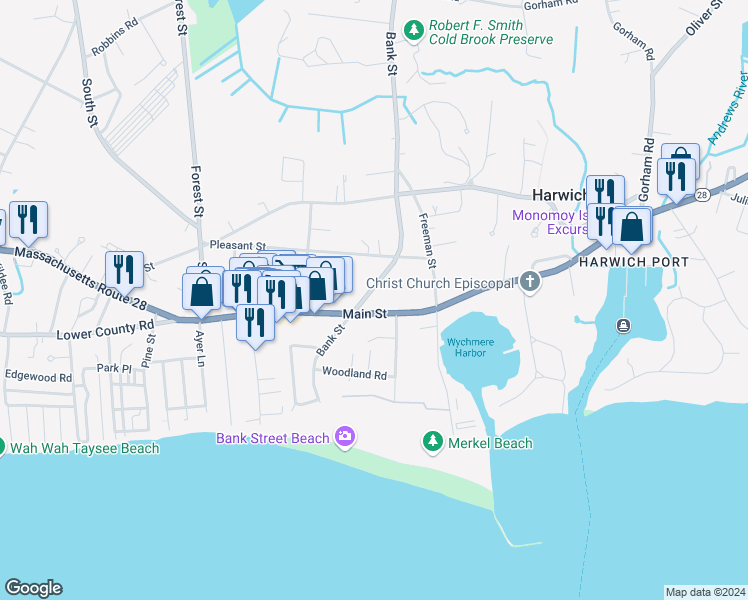 map of restaurants, bars, coffee shops, grocery stores, and more near 78 Bank Street in Harwich